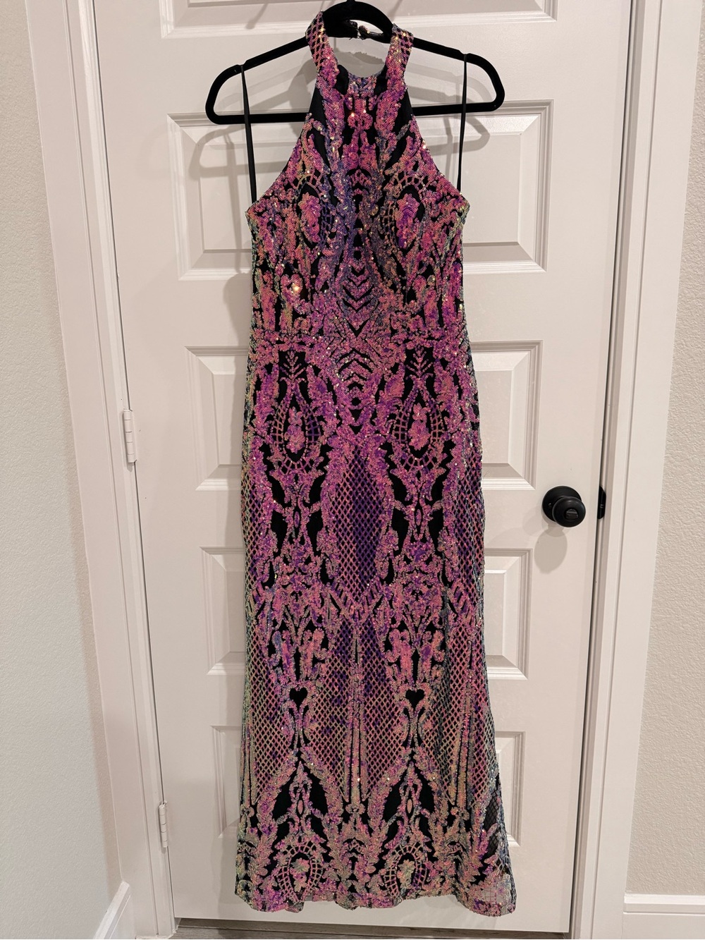 Sequin Halter Backless Evening Dress in Pink and Black